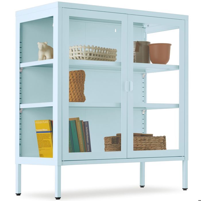 Vitrine métallique - TECTAKE - BAKER à 2 portes 3 côtés vitrés fermeture magnétique étagères réglables - Gris/bleu Vitrine métallique - TECTAKE - BAKER à 2 portes 3 côtés vitrés fermeture magnétique étagères réglables - Gris/bleu