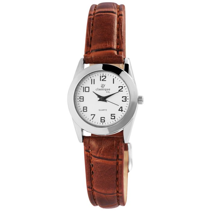 Montre femme - CLASSIQUE - Classique - Bracelet simili cuir XXL marron - Boîtier métal 26 mm argenté - Mouvement quartz
