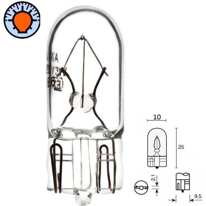 AMPOULE 12V 1.7W T10 W2.1x9.5D WEDGE VERRE VOITURE TABLEAU DE BORD VOYANT FEU POSITION MOTO CYCLOMOTEUR INTERIEUR PLAQUE