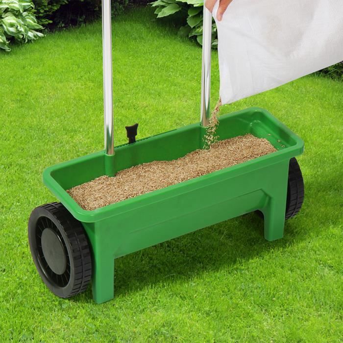 Épandeur de Jardin 12L semence Engrais Sable 2 Roues débit réglable 10 Niveaux Jardin Gazon extérieur 