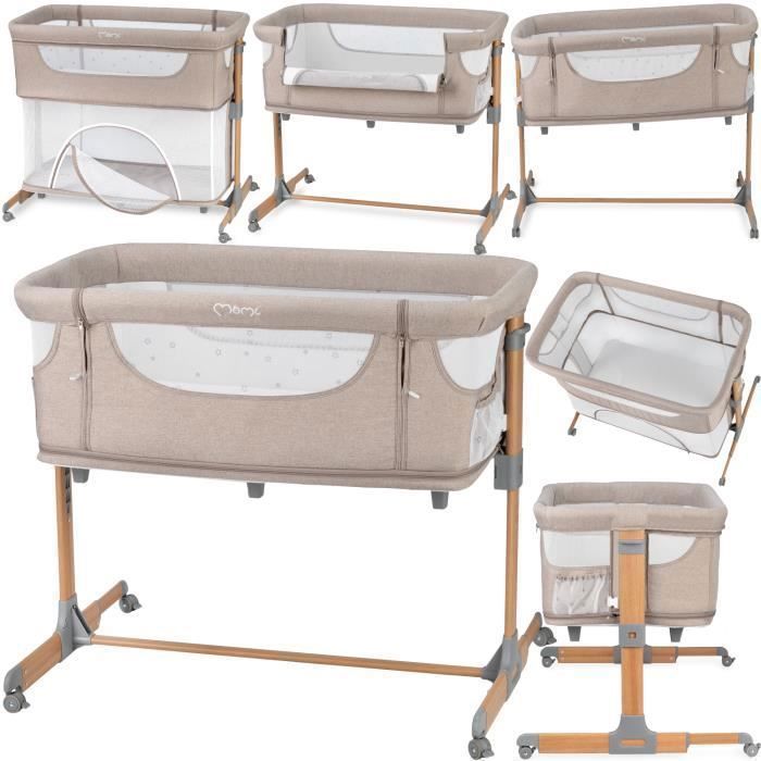 MoMi SMART BED – Lit Cododo Bébé 4-en-1 – Hauteur & Inclinaison – Berceau avec Moustiquaire Matelas Accès Latéral – Beige