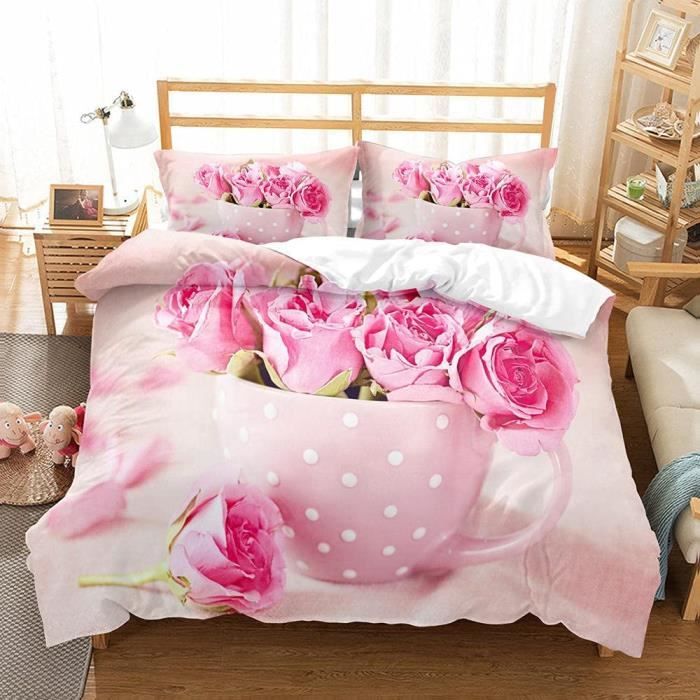 Housse de Couette 140x200 cm Enfant Ado Fille GarçOns, Roses Roses et  Fleurs, avec 2 taies d'oreiller [2360] - Cdiscount Maison