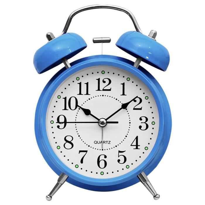 Horloge de Table de Bureau pour la Maison et Le Bureau Argent CUHAWUDBA Non-Ticking Réveil Double Cloche 4 Pouces Cadre en Métal avec Cadran en 3D avec Fonction de Rétroéclairage 