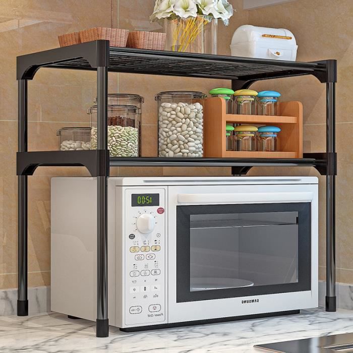 Étagère Micro-ondes Réglable 2 Niveaux - Hauteur 42 à 64 Cm - Support 75 Kg - Acier Carbone - Noir