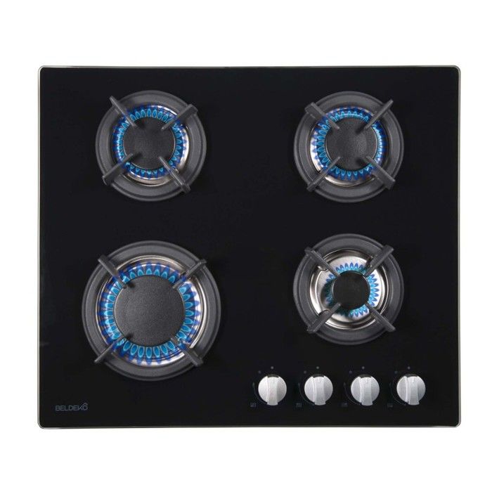 BELDEKO Plaque Gaz 4 Feux 7500W Grilles Fonte Verre Noir - Marque Française