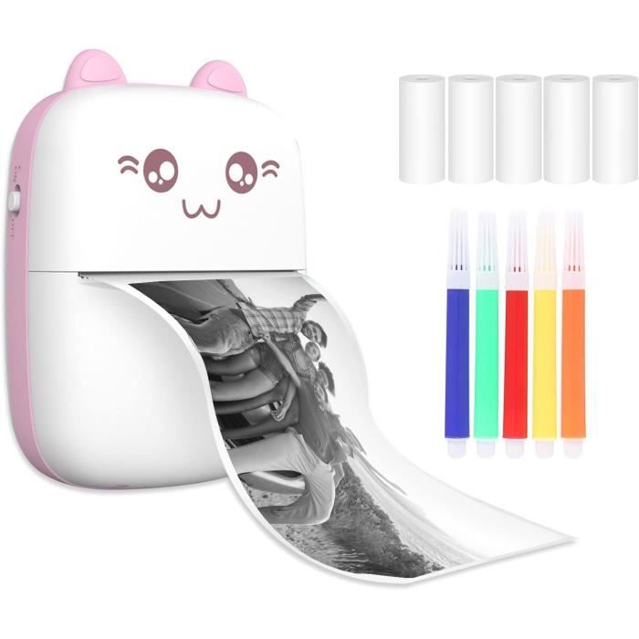 Imprimante Thermique Mini Portable Bluetooth - Impression Sans Encre, 200 DPI, Compatible IOS/Android - Lot Avec 5 Rouleaux Papier Et Stylos