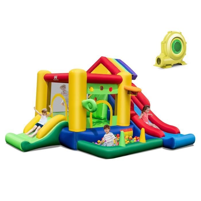 DREAMADE Château Gonflable ArcenCiel, Aire de Jeu Double Toboggans, Piscine, Trampoline