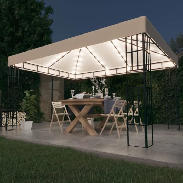 Tonnelle - ESTINK - 3x4 m - Crème et Noir - Guirlande LED Solaire - 43 LEDs