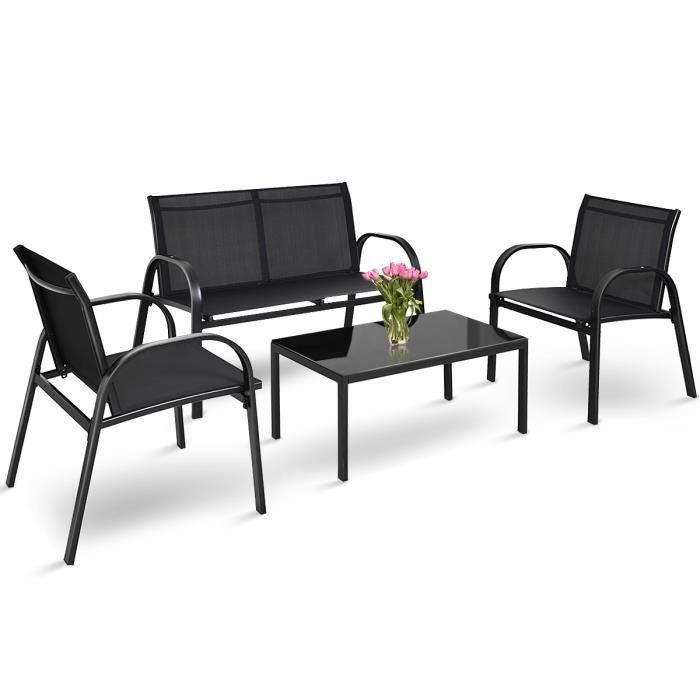 GIANTEX Ensemble Salon de Jardin 3 Chaises+1 Table Ensemble Meuble de Jardin en Fer et Textilène pour Jardin/Balcon Charge 390KG