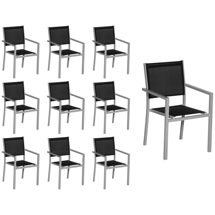 Lot de 10 chaises en aluminium gris - textilène noir Lot de 10 chaises en aluminium gris - textilène noir