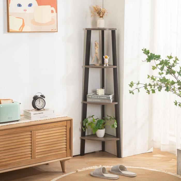 homewell - meuble étagère d'angle robuste de style rétro - 4 niveaux - 34x34x125 cm - noir et bois