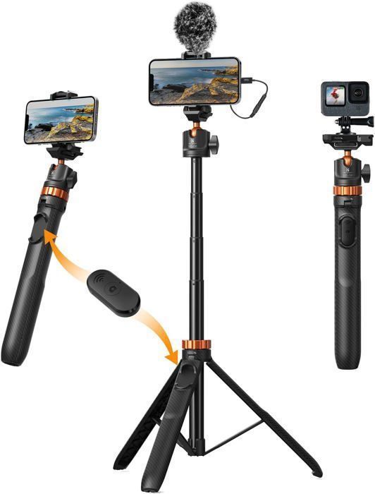 K&F Concept 159cm Trépied Smartphone et Appareil Photo - Perche à Selfie - Trépied Téléphone Extensible avec Télécommande Bluetooth