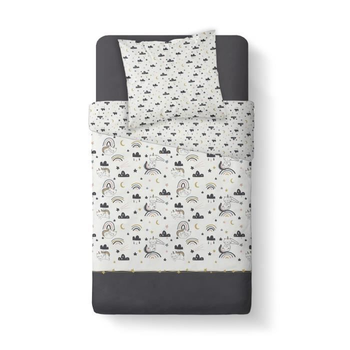 TODAY Parure de couette 100% coton HAPPY NICE DAYS - 1 housse de couette et 1 taie d’oreiller - 140x200 cm - Blanc TODAY