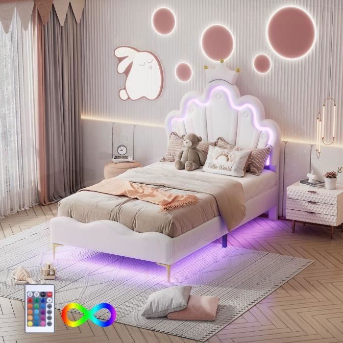 Lit enfant - LEYTN - 90x200 cm - Cuir PU - Lumière LED - Couronne design