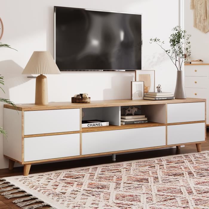 MODERNLUXE Meuble TV 175cm banc TV avec rangements pour salon 5 portes et 2 compartiments style campagnard naturel