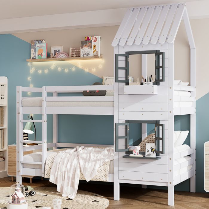 Lit superposé enfant 90x200cm avec échelle Sommier inclus en bois massif de pin avec toit et fenêtre blanc
