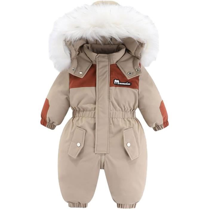 Combinaison de Neige Bébé Fille Garçon Manteau à Capuche Hiver Combi Pilote  Hiver Bébé Romper Jumpsuit Outwear Bébé,Brun,90 cm