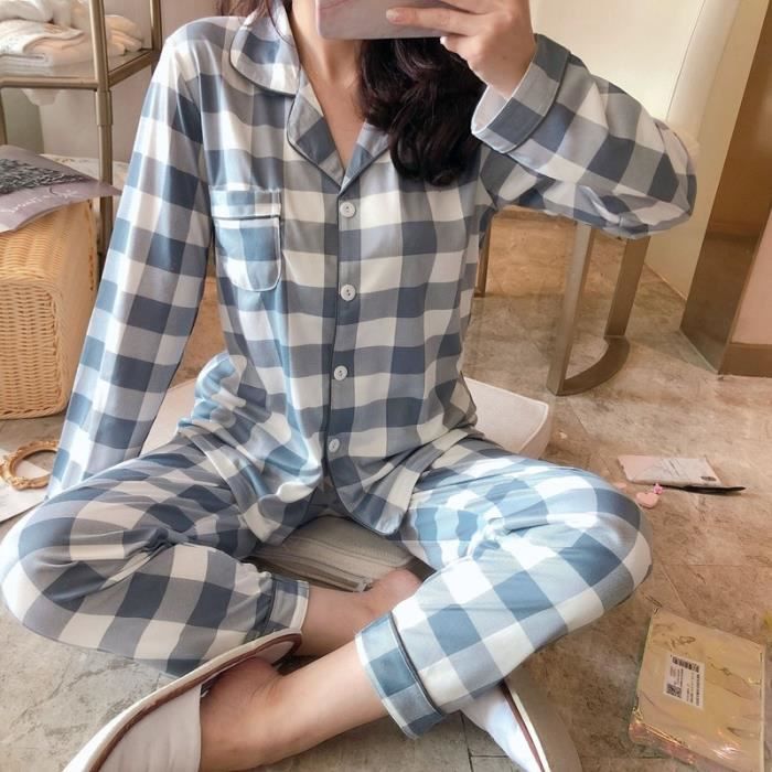 Pyjama Manches Longues Femme en Coton - Blanc avec des imprimés/Bleu Marine  à Carreaux