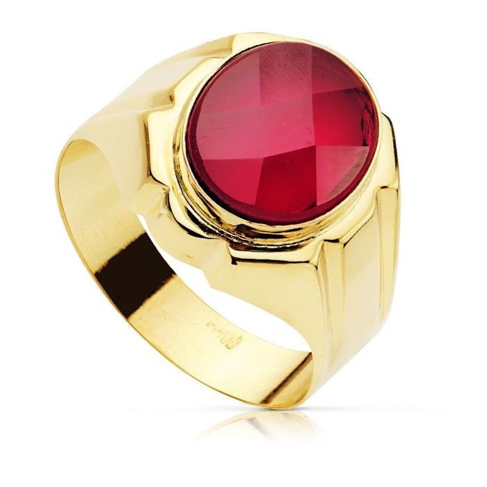Bague chevalière creuse en or 9 carats pour homme avec pierre de spinelle rouge naturelle ovale de 125 x 10 mm.