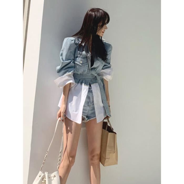 Patchwork d?�contract?� Denim veste pour femmes revers ?� manches longues avec ceintures 