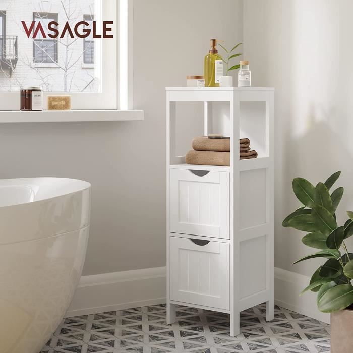 vasagle meuble bas salle de bain,30 x 30 x 89 cm, 1 étage et 2 tiroirs armoire colonne étagère de rangement, blanc