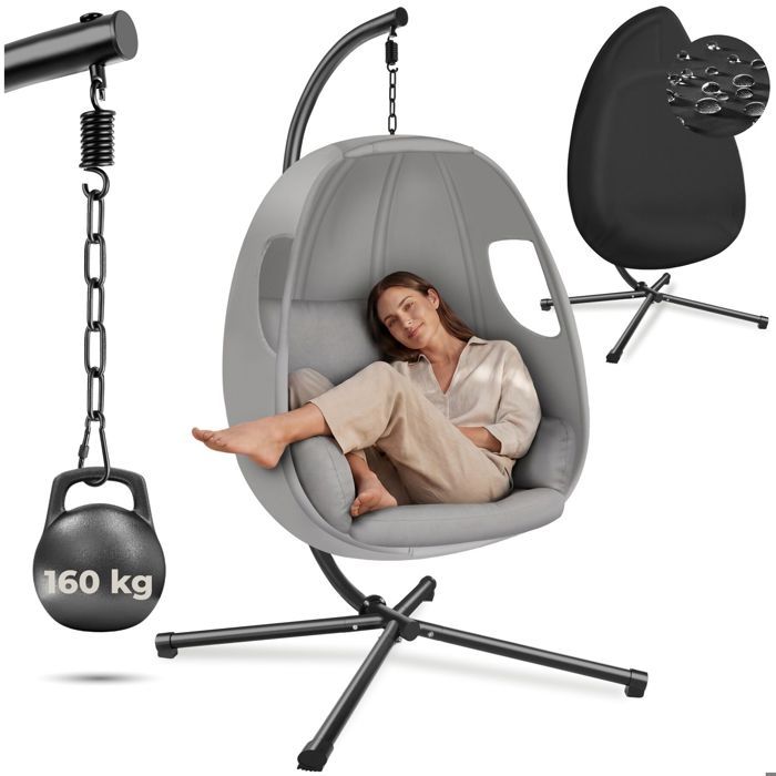 Fauteuil - TECTAKE - Fauteuil suspendu ANIKA acier avec support capacité 160kg coussin 100x97x201 cm - Gris clair