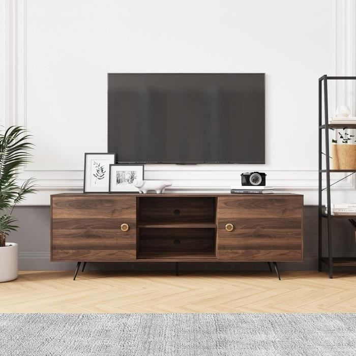 Meuble TV HOMCOM 140 Cm Avec Placard 2 Portes Cannelées - Support Télé Jusqu'à 70 Pouces, Noir - Rangement Salon
