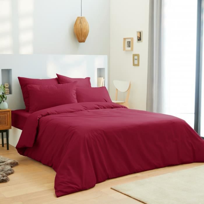 Parure de draps 4 pièces Unicolore Rouge pour lit 140 x 190 cm 100% coton / 57 fils/cm²