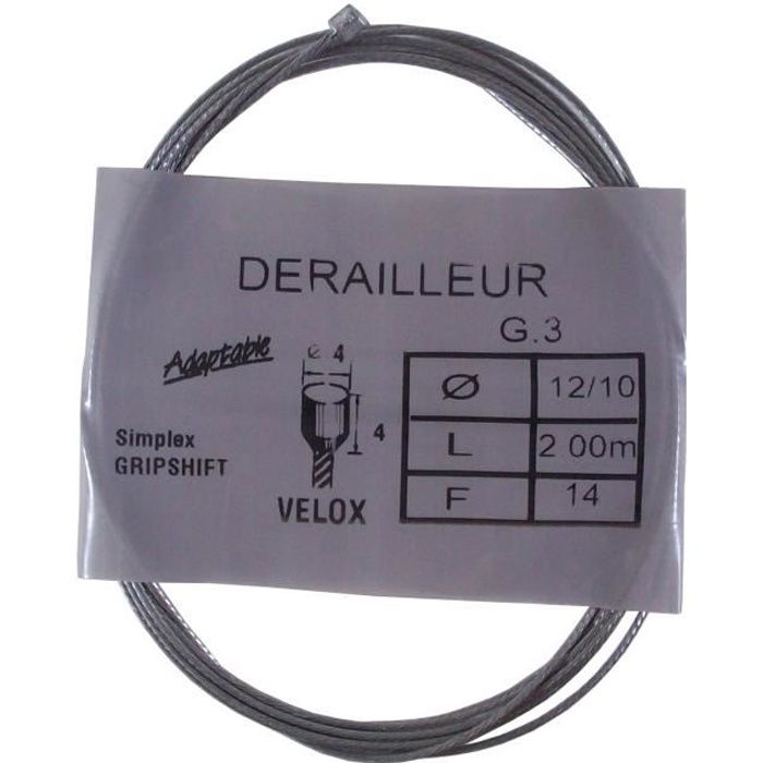 Câble de dérailleur VELOX vélo vintage SIMPLEX GRIPSHIFT acier 2 m 1.2 mm embout