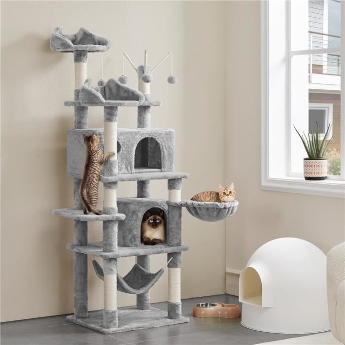 Comparer les prix de Yaheetech Arbre à Chat Multiniveau Tour de Jeux Maison pour Chat avec Poteaux en Sisal 2 Niches Spacieuses Hamac 170cm Gris Clair