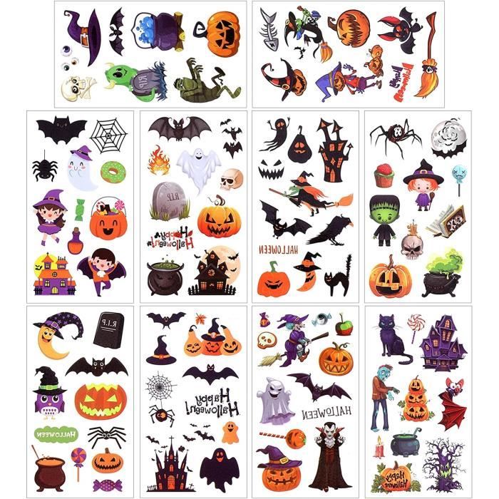 Halloween Tatouages Temporaires pour visage,10 Tatouage halloween pour visage,10 Fausse