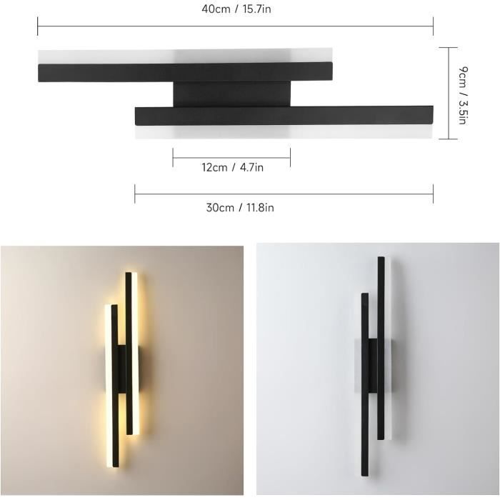 Applique Murale LED Avec Spot De Lecture Orientable | 3 Couleurs De Lumière (3000K-6000K) | Rotation 350° | Aluminium Noir | Pour Chambre, Salon, Bureau