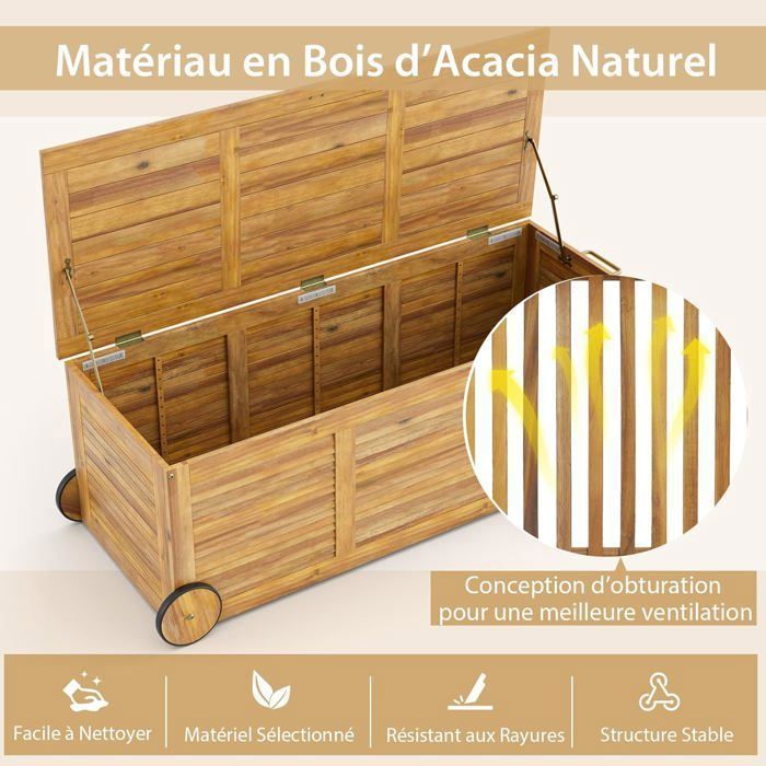 GOPLUS Coffre de Jardin 182L Roulant-Coffre de Rangement en Bois d ...
