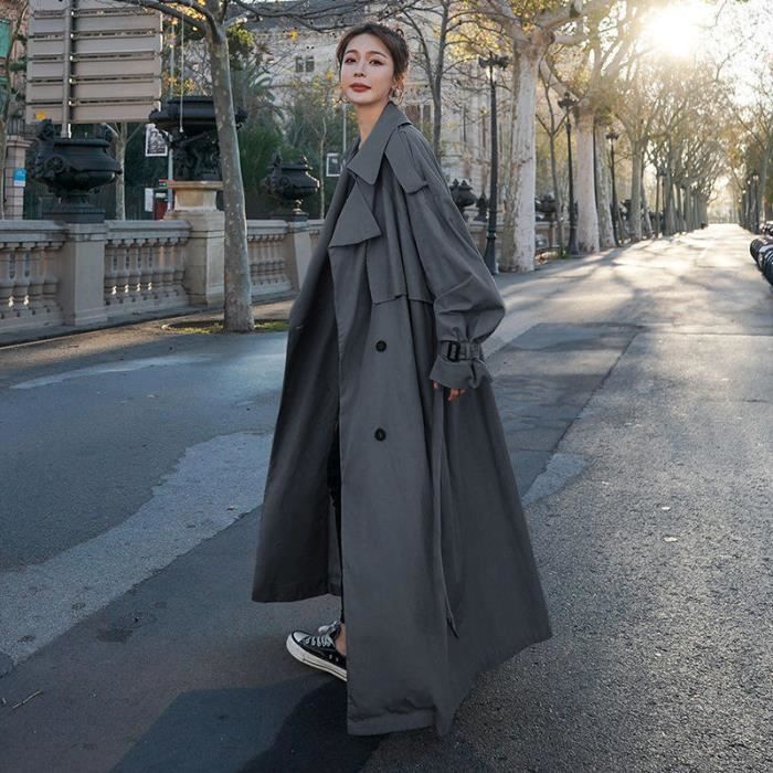 Manteau long ceinturé à boutons gris moyen femme