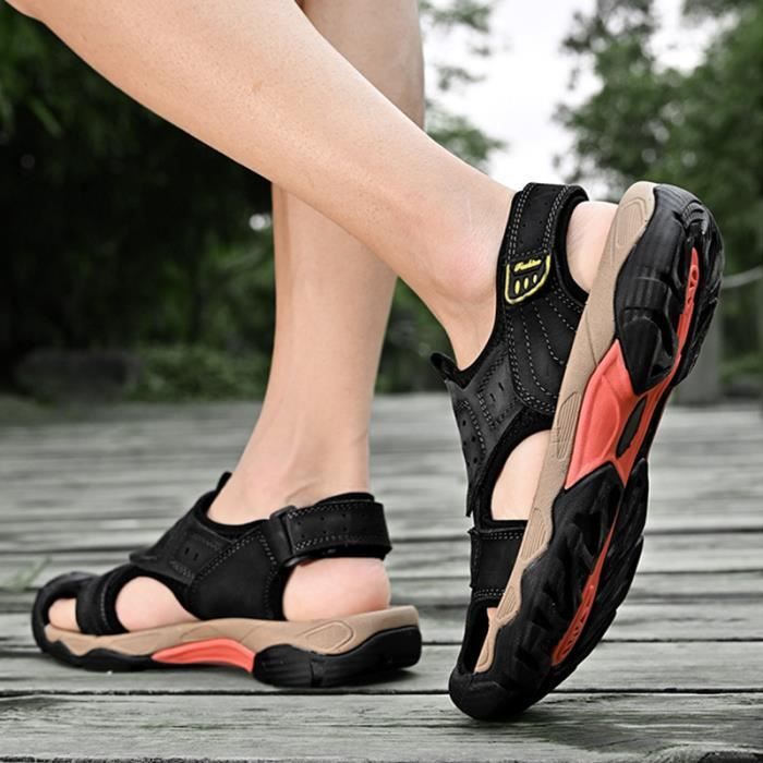 Sandales Homme INSFITY Simili cuir Aération Anti-dérapant Plage  Velcro Noir