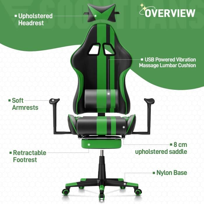Puluomis Chaise Gamer Chaises de Bureau à haut Dossier avec Repose-pieds et  Support Lombaire Vert