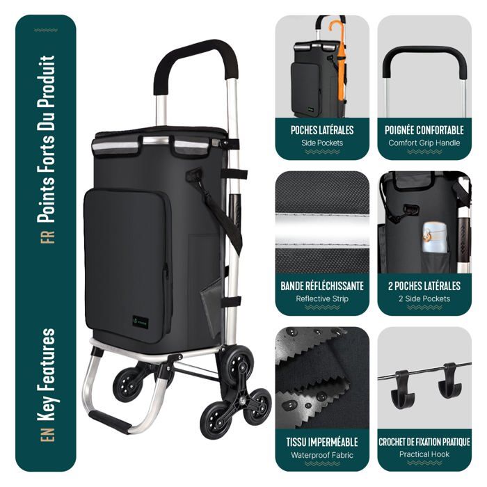 Chariot De Courses Pliable Et Imperméable – Roues, Poignée Télescopique – Motif Diamant Noir – Réutilisable - 3