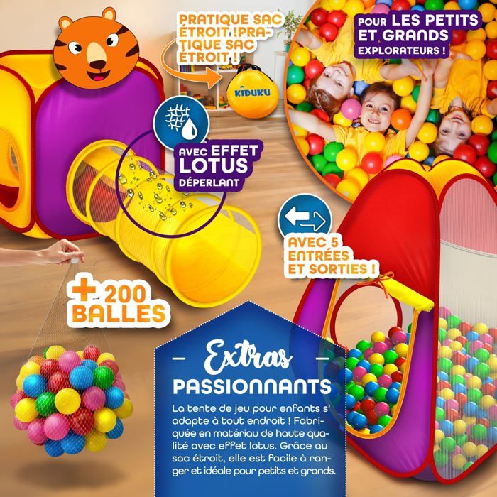 KIDUKU Tente de Jeu 3 éléments + 200 balles + étui de Transport pour l'intérieur et l KIDUKU Tente de Jeu 3 éléments + 200 balles + étui de Transport pour l'intérieur et l