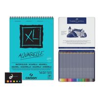Lot Aquarelle : Crayons de couleur Aquarellables Goldfaber Aqua + 1 Bloc Dessin Aquarelle + Index Adhésif Blumie (24)