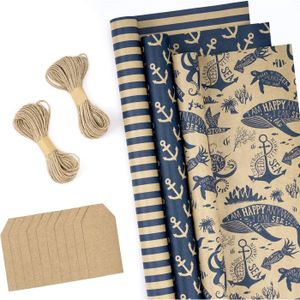 Kit Emballage Cadeau Noël - 5 Rouleaux Papier Kraft + étiquettes + Ficelle - 43x300 Cm Chaque - Motifs Festifs
