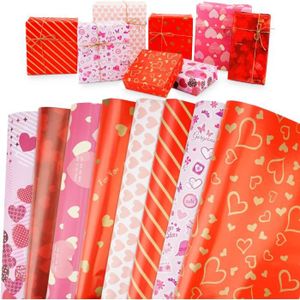 PAPIER CADEAU Papier Cadeau Saint Valentin - 8 Pcs - Papier D'Emballage Cadeau - Coeur Rouge 70 X 50 Cm