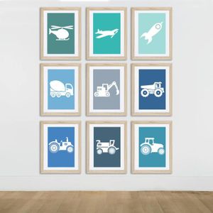 AFFICHE - POSTER 9 affiches enfant, moyen de transport, bleu, vert