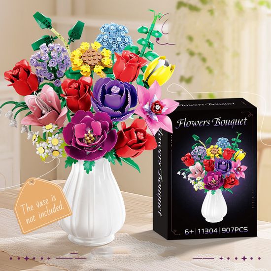 Kit Bouquet De Fleurs à Construire – 8 Fleurs Artificielles Botaniques, 691 Pièces, Vase Bleu Inclus – Idéal Cadeau Saint-Valentin, Anniversaire Ou Pour Amoureux Des Plantes
