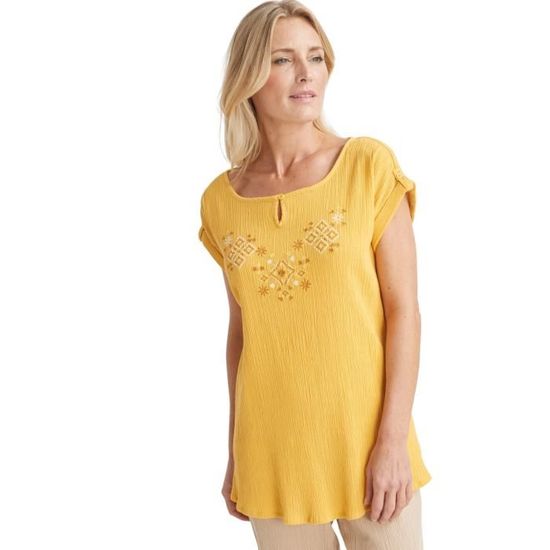 Tunique Brodée Sara Studio En Coton - Taille M, Manches 3/4, Col V, état Comme Neuf