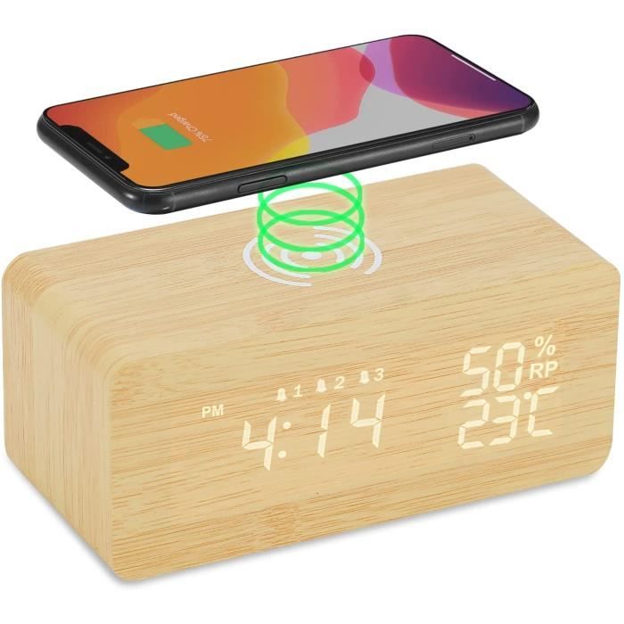 Réveil Lumineux Numérique avec Chargeur sans fil, Enceinte Bluetooth
