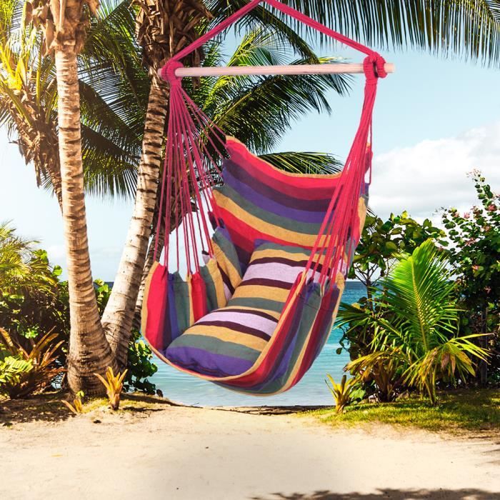 Fauteuil Hamac avec 2 Coussins, Chaise suspendue pour Extérieur Intérieur Jardin Beige Multicolore