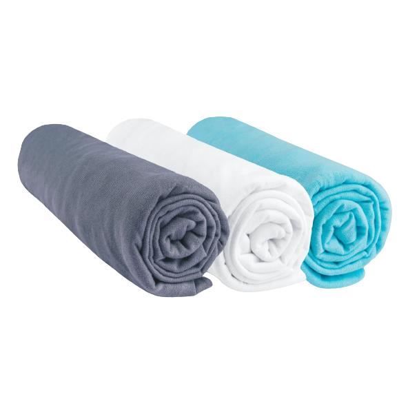 Lot de 3 draps housse coton 70x140 gris blanc turquoise