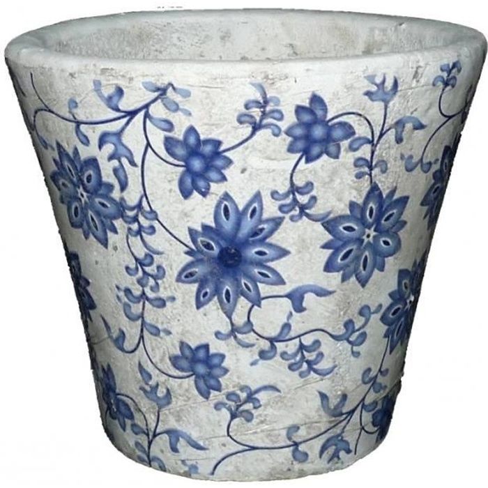 Moyen Cache Pot Etanche Style Champêtre aux Motifs Floraux Bleutés en Terre Cuite Blanche 14x16x16cm