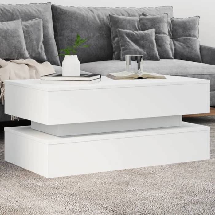 vidaXL Table Basse avec Lumières LED Table dAppoint Bout de Canapé Meuble de Salon Salle de Séjour Moderne Blanc Bois 839861