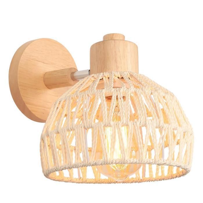 IDEGU Applique Murale Intérieure Lampe Murale Réglable en Bois et Rotin Rétro E27 Luminaire Applique Vintage Rotin Blanc 20CM